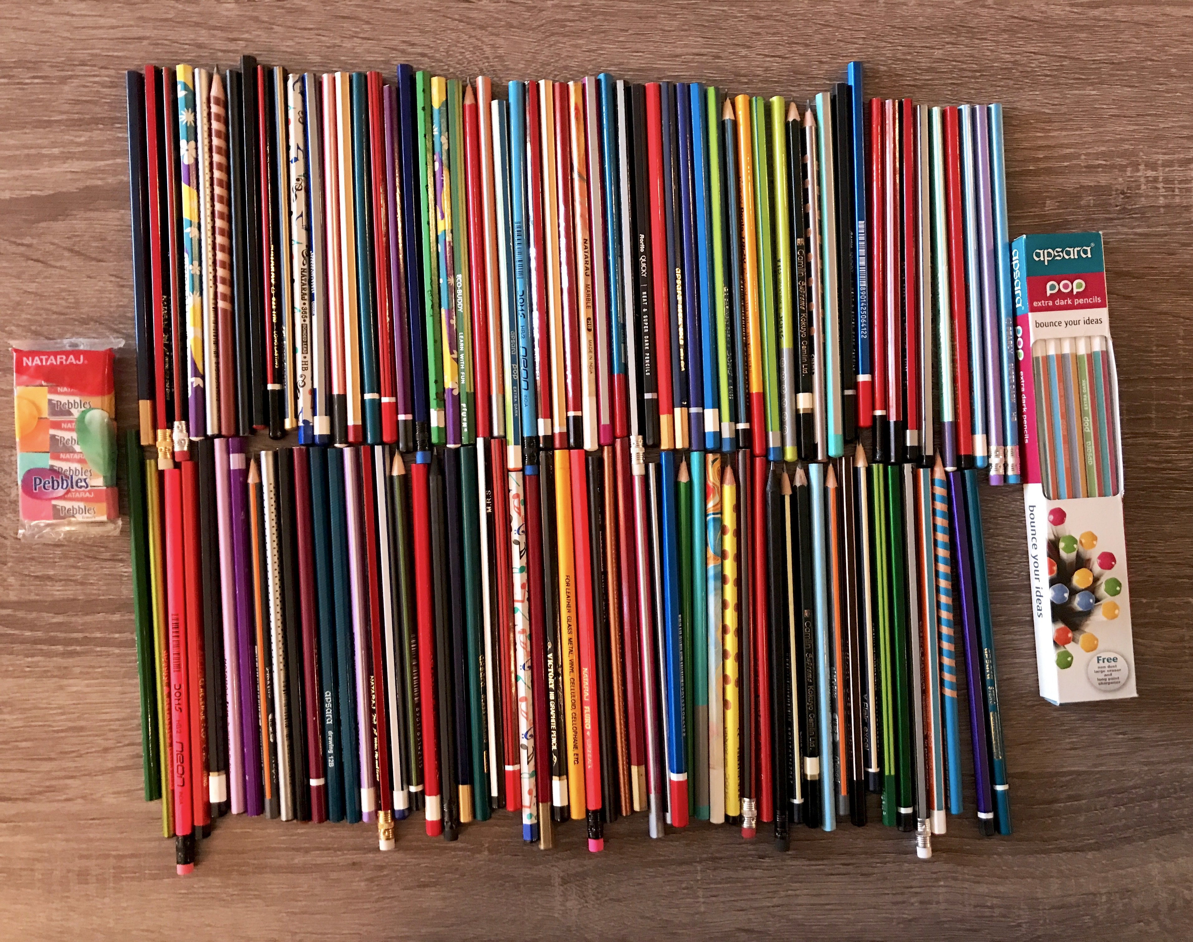 The full selection of what came in my package from The Curios India. All this for only $14.50! I ordered the 10-pack of Apsara Pop pencils separately.